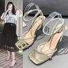 Summer Fairy Rhinestone Open-toed Stiletto One-button Sandals Female Versatile Square Head French Silver High Heels Ins