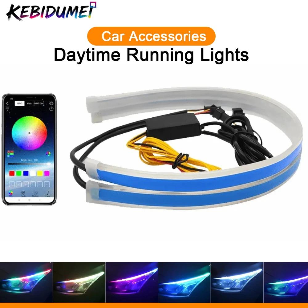 Car LED Flashing Daytime Running Lights with Flowing Water Turning Lights,Decorative Light With Remote App Control Headlight Turn Signal Light