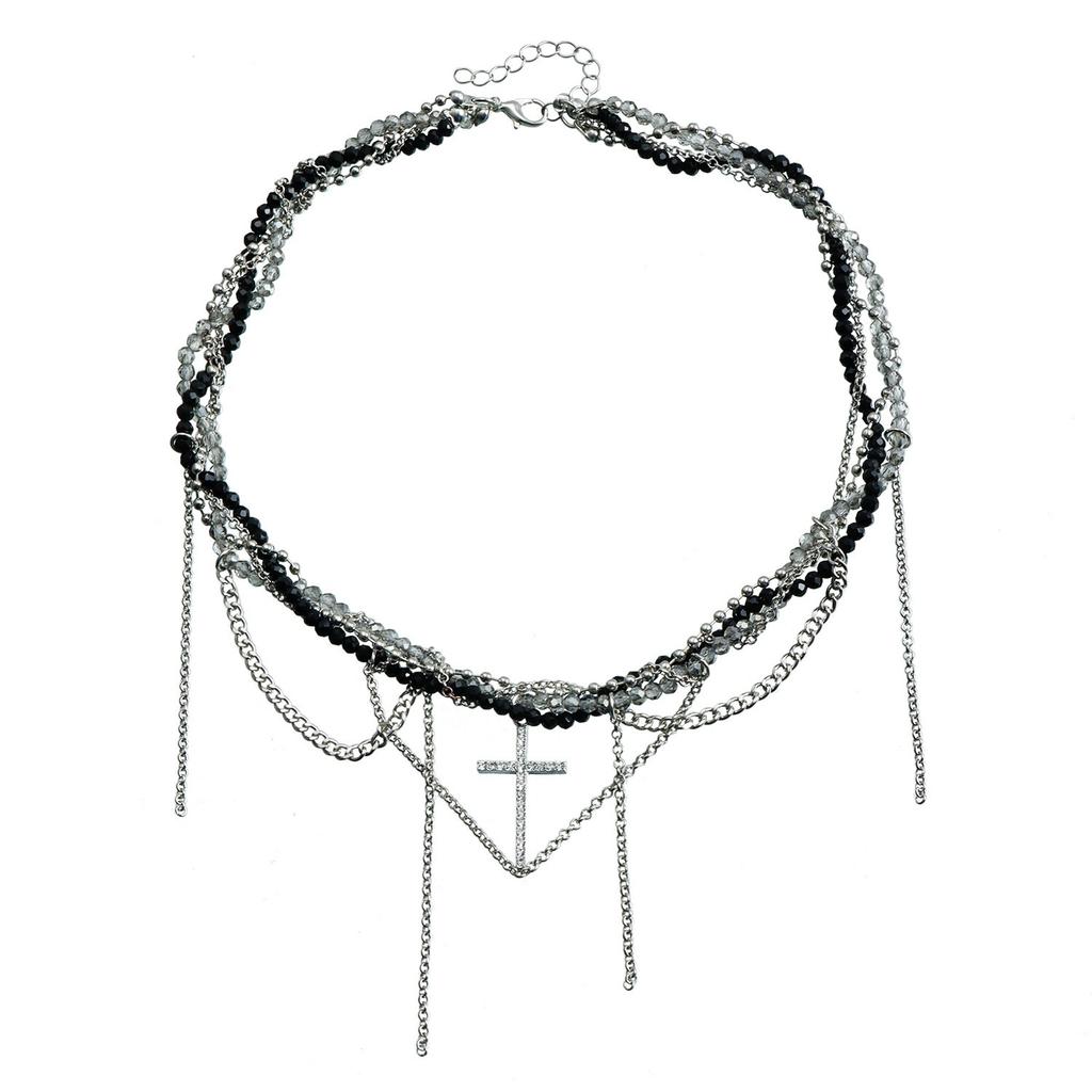 Rhinestone Cross Pendant Necklace Layered Snake Chain Glass Crystal Choker Adjustable Length Metal Alloy Jewelry for Women