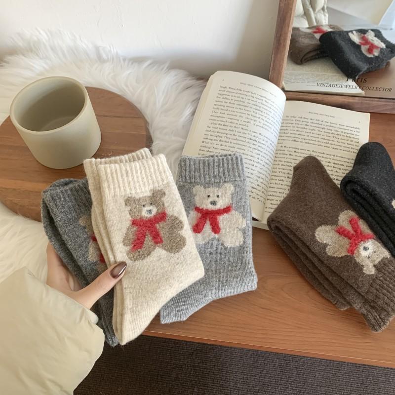 Wool Socks Women'S Thick Warm Winter Thick Socks Gray Mid-Leg Socks Vintage Scarf Bear Cute Women'S Socks