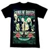 Schwarzes Kurzarm-T-Shirt im Guns N' Roses-Design mit Totenkopf-Zylinder und Revolver-Grafik für Rockmusik-Fans