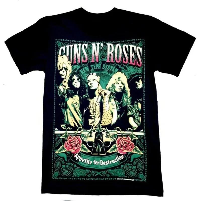 Schwarzes Kurzarm-T-Shirt im Guns N' Roses-Design mit Totenkopf-Zylinder und Revolver-Grafik für Rockmusik-Fans