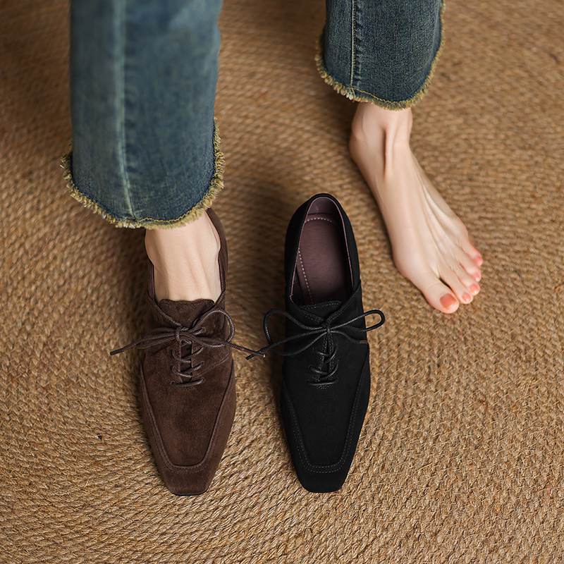 Krazing Pot Sheep Suede Autumn Winter Shoes Stiletto Med Heels Lace Up Size 43 Size 42 Pointed Toe Deep Mouth Pumps