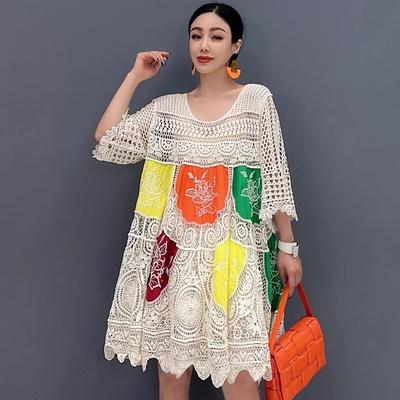 DIMANAF 2025 New Summer Women Long Basic Knitted Dress Sleeve Colorful Fashion Lace Dresses Casual Loose