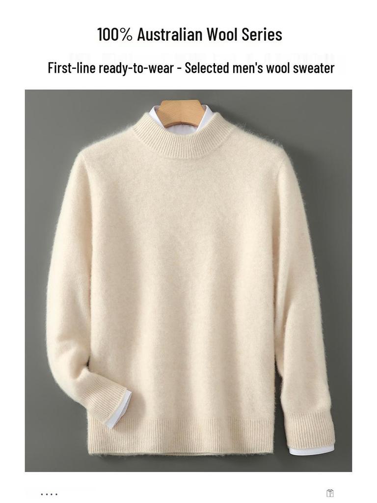 Men's Pure Wool Half-High Collar Thick Business Pullover Sweater - Loose Knit Base Layer