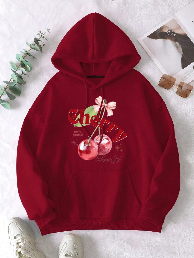 

100% Natural Cherry Fruit Printing Women Hoody Pocket Y2K Hoodies Hip Hop Loose Pullover Casual Fleece Comfortable Clothes S