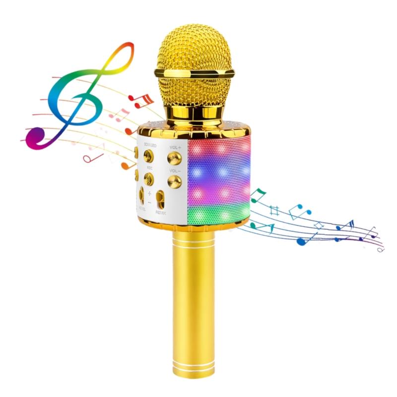 

Світлодіодний мікрофон для караоке, бездротовий мікрофон з 5 режимами світла та 4 режимами зміни голосу, Bluetooth-колонка, сумісна зі смартфоном золотий