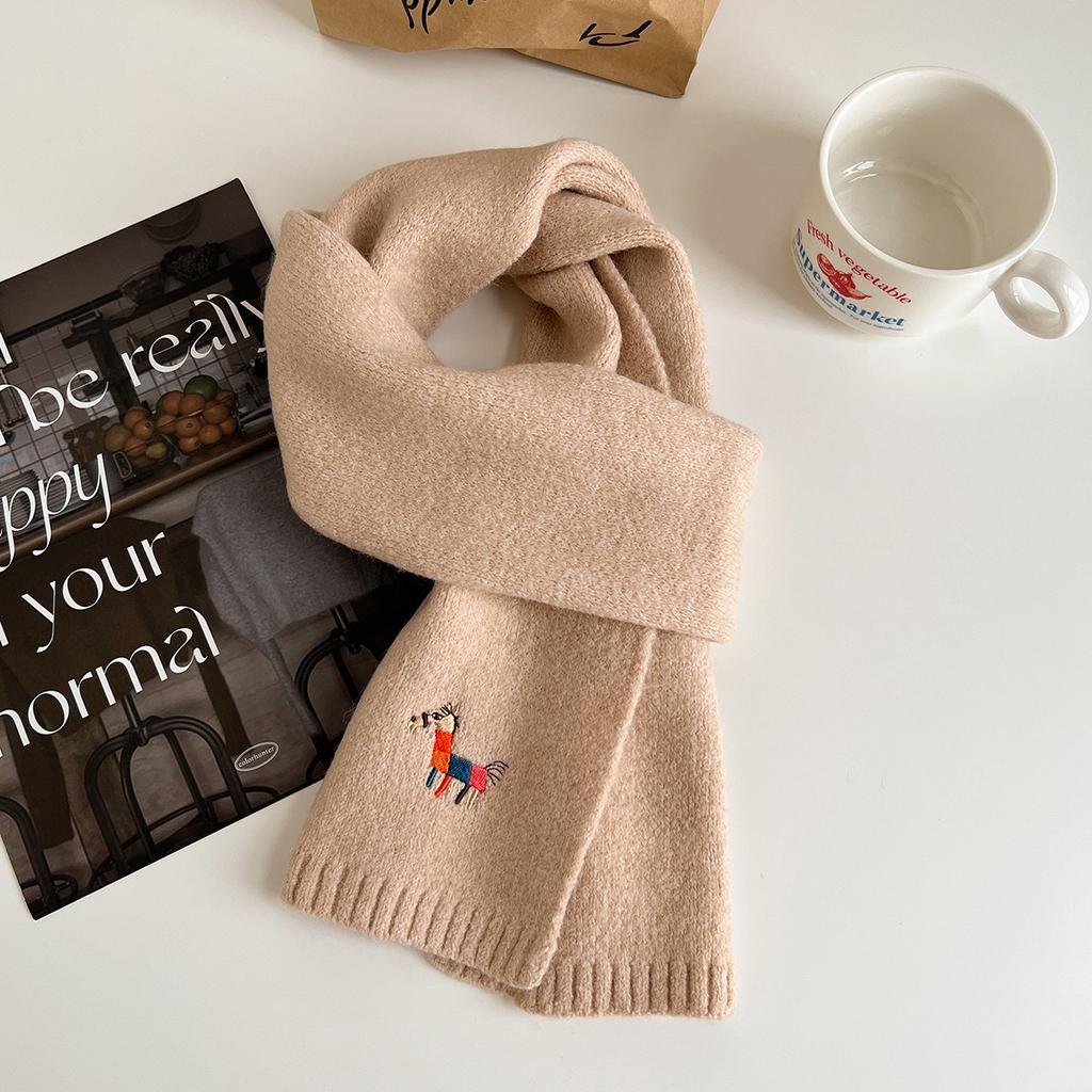 Autumn Knitted Pony Cute Wool Scarf for Women Thickened and Warm Korean Style Scarf Versatile Pony Embroidered Small Scarf