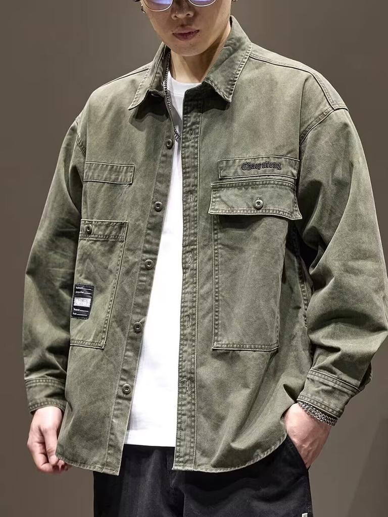 Heavy Retro Washed Men'S Long-Sleeved Shirt Loose Large Size Trendy Brand American Casual Tooling Shirt Jacket