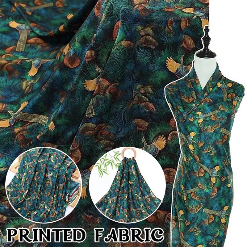 Chinese Landscape Painting Fabric Silk Stretch Satin Cloth for Cheongsam Hanfu DIY Sewing Craft Dress Stage Clothing Supplies