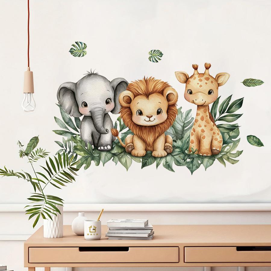 Jungle Animal Cartoon Wall Stickers, Elephant Lion Giraffe Self-Adhesive Decor for Bedroom Living Room Home Decoration
