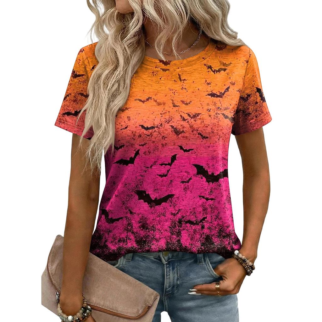 Women Casual Loose Fit Short Sleeve T Shirt Halloween Pumpkin Pattern Print Crew Neck Top Lightweight Soft Fabric