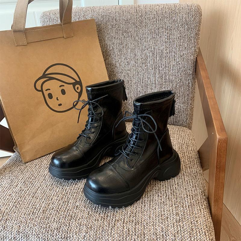 Thick-soled Martin boots women's new autumn British style retro versatile small man height increase black thin short boots