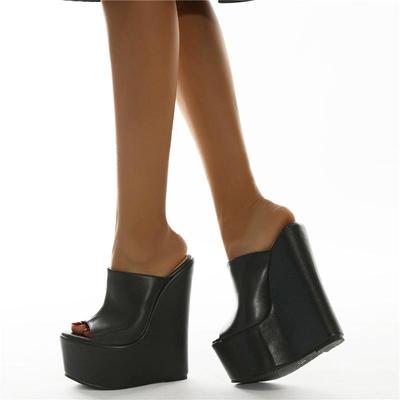 Newest Popular Fashion Peep Toe Platform Wedge Slippers Black Summer Shoes Woman Super High Heels Sandals