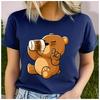 Unisex 100% Polyester Cartoon Brown Bear Print Loose Round Neck Casual Short Sleeve T-Shirt Fashion Top for Summer