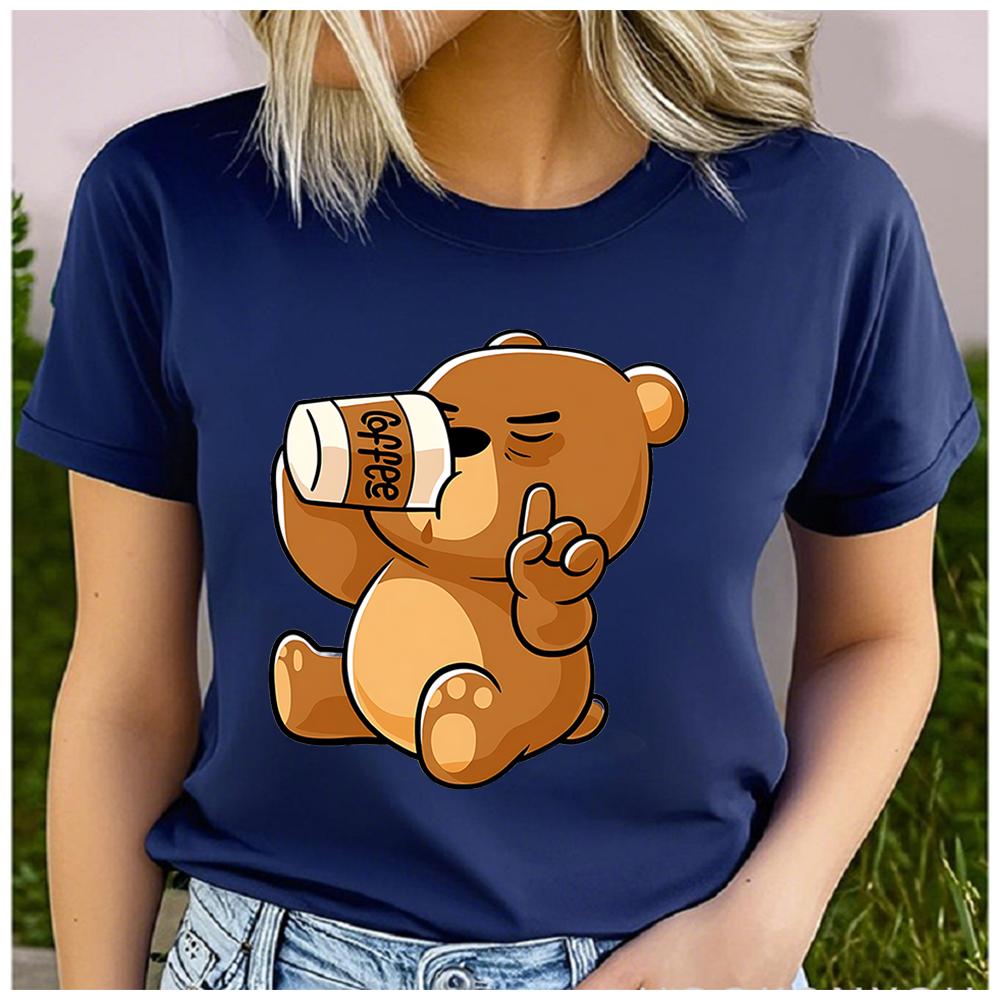 Unisex 100% Polyester Cartoon Brown Bear Print Loose Round Neck Casual Short Sleeve T-Shirt Fashion Top for Summer