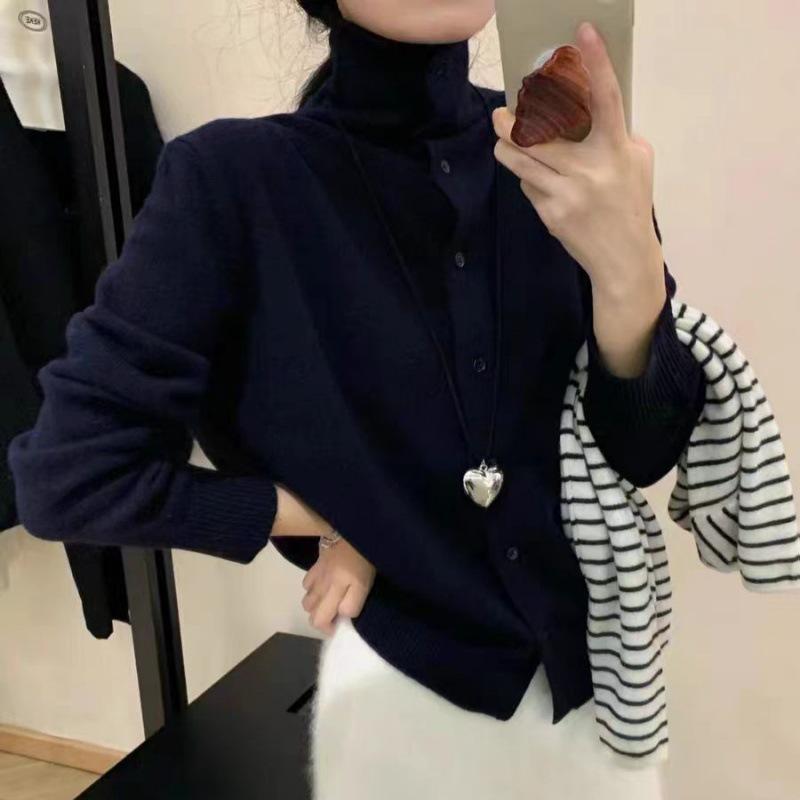 Korean Style High Neck Cashmere Cardigan - Women's Warm, Stylish Solid Color Wool Sweater for Autumn/Winter.