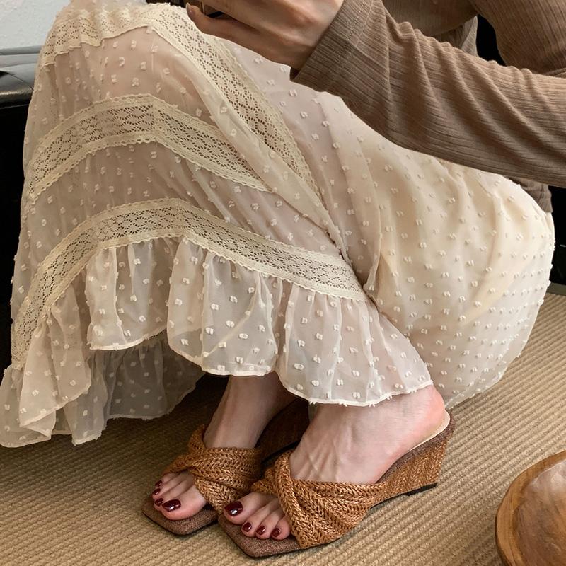 Fashion Retro Style Weave Women Slippers Ladies Outdoor Wedges Heel Dress Slides Summer Square Toe Women's Shoes