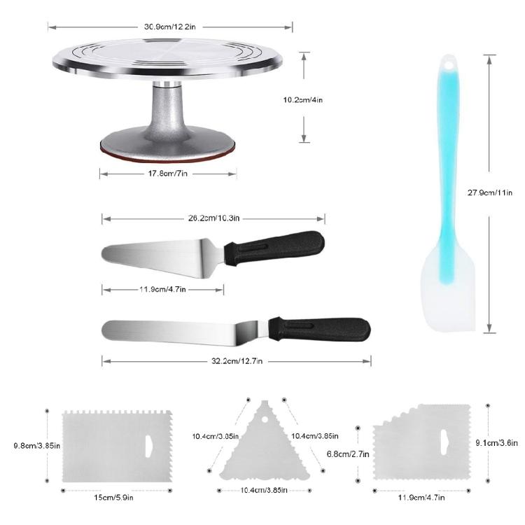 Kuchen-Drehteller-Set für Backbegeisterte Kuchen-Dekoration Backzubehör Aluminium-Drehteller Spachtel Kamm Servierer Schaber