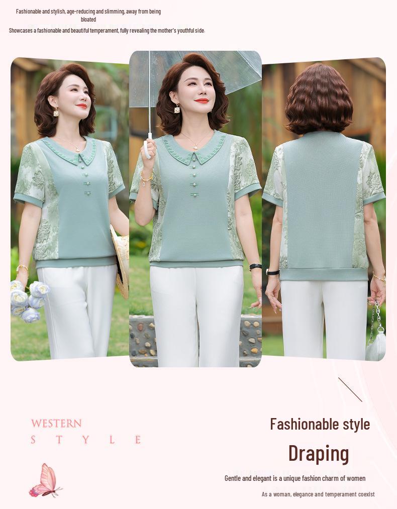 2026 Elegant Short-Sleeved Plus Size Set for Middle-Aged Women – Summer Chinese Style Loose Top Blouse