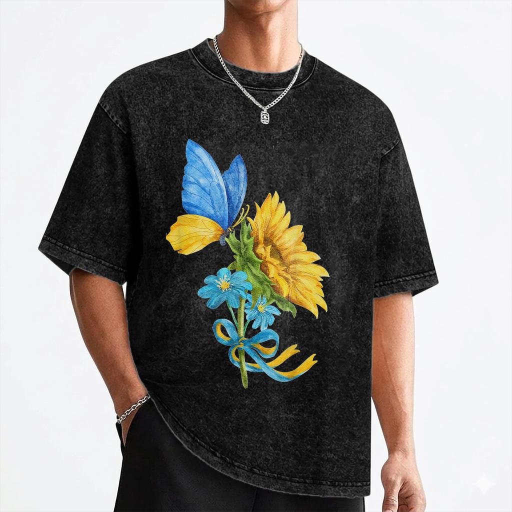 Sunflower Ukraine Flag Butterfly Ukrainian Flag T Shirts Washed Cotton TShirt Vintage for Men Women Streetwear Printed Tees