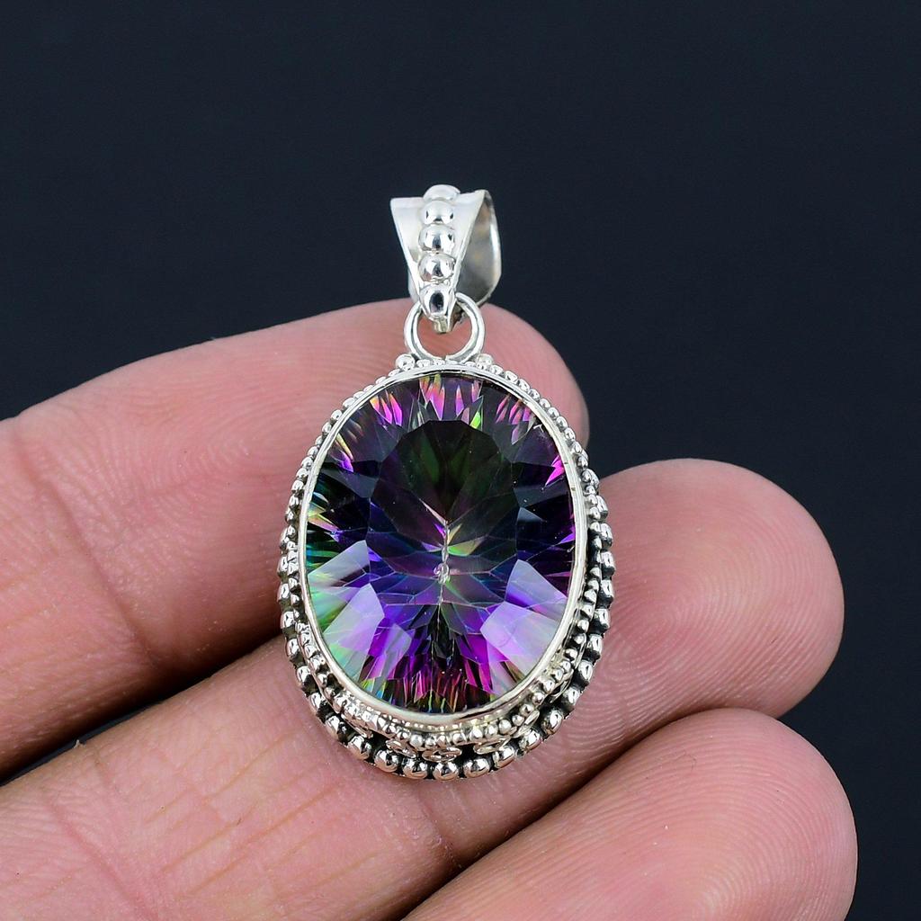 Natural Mystic Topaz Gemstone Pendant, 925 Sterling Silver, Multicolor Gemstone, Handmade Pendant Jewelry Gift For Valentine's Day