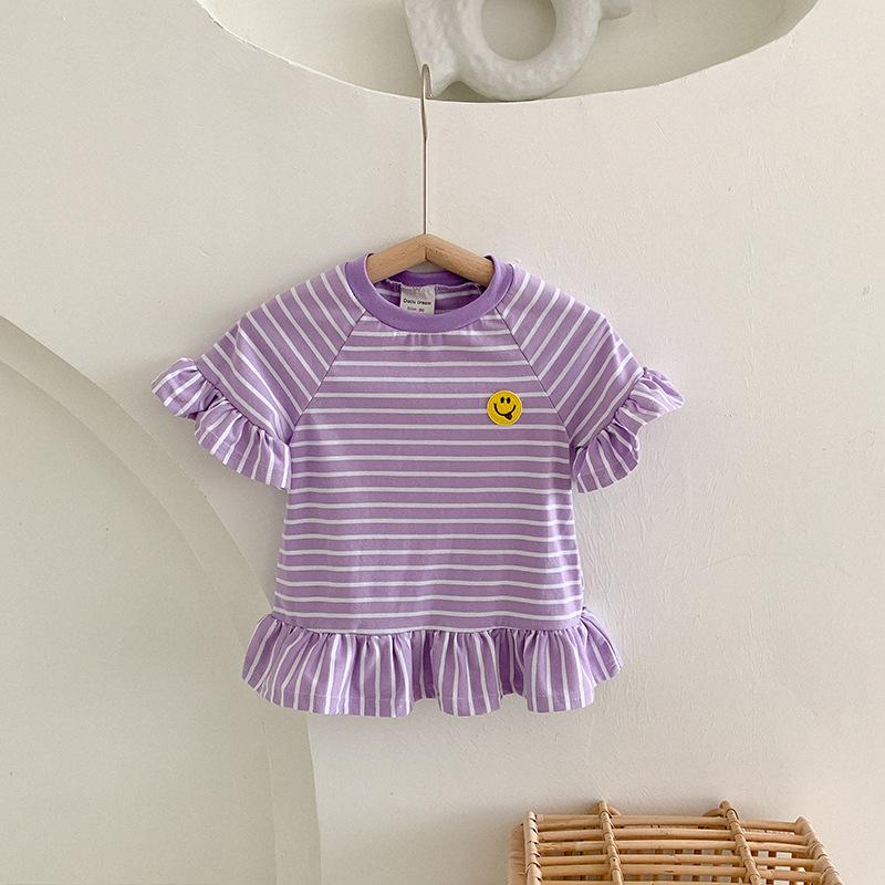 2025 Summer Korean Style Ruffle Sleeve Dress for Girls - Short Sleeve Striped Skirt
