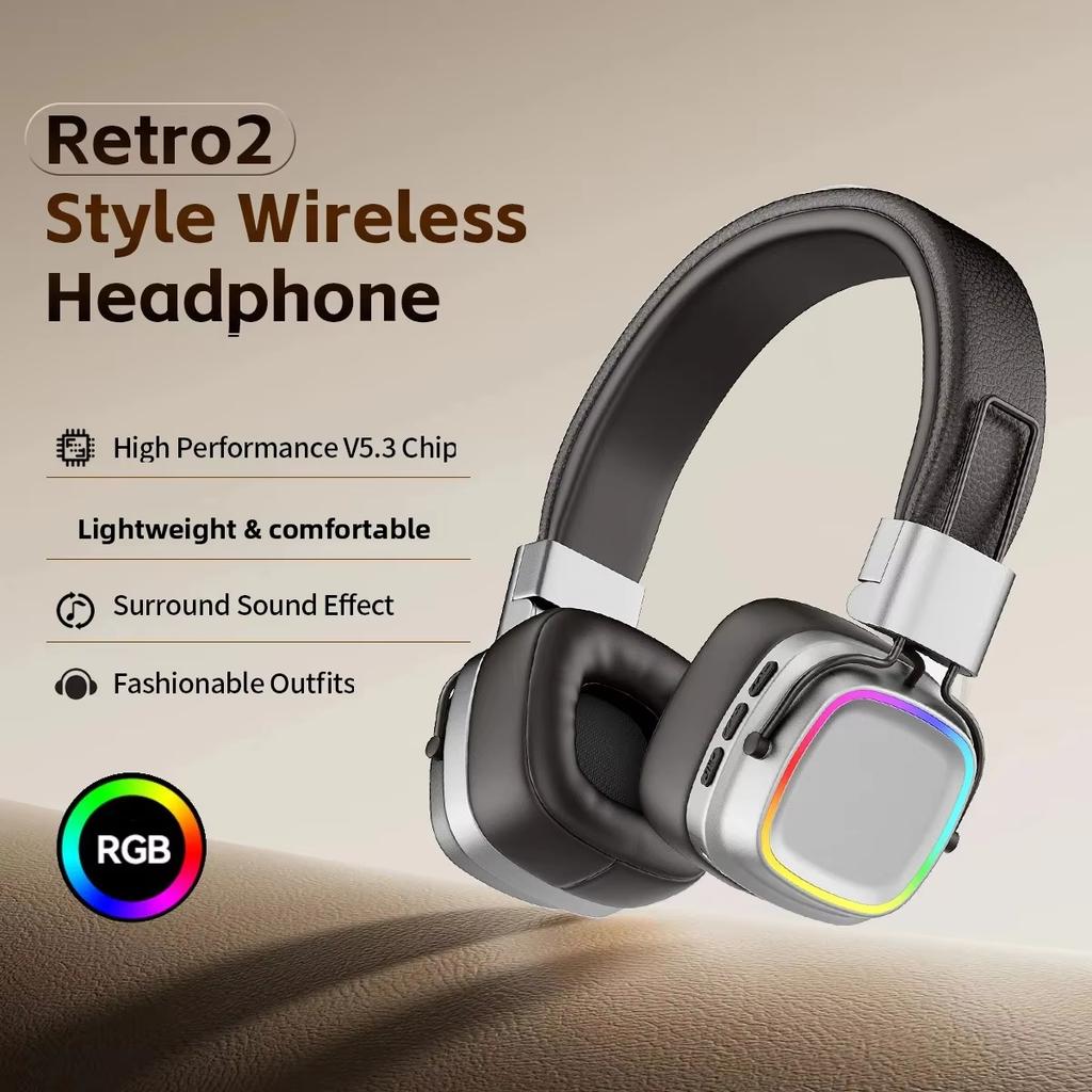 Retro Trendy Wireless Headphone Bluetooth 5.3 Long Battery Life Stereo Music Sport Foldable OverEar Headset with Noise Reduction RGB Light