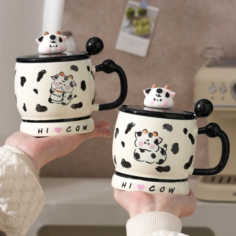 Cute Girl Heart Cow Mug With Lid Office Water Cup Girl High Value Household Coffee Cup Ceramic Cup