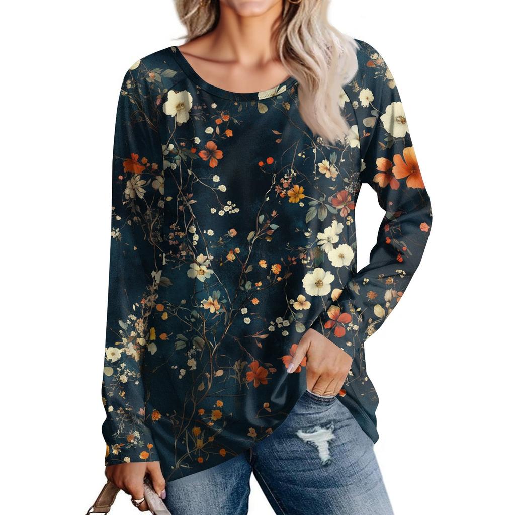 Damenmode Lässig Langarm Print Rundhals Pullover Top Bluse