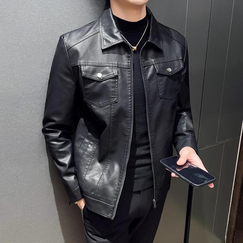 Autumn Men Casual Biker Jacket Men Pu Leather Coat Youth Leisure Faux Leather Jacket Male Loose Fit Mixed Leather Jacket