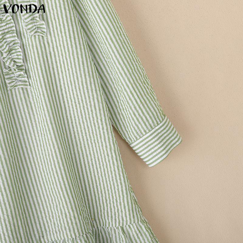 VONDA Women Casual Loose Turn Down Collar Long Sleeve Striped Ruffled Shirt Dress