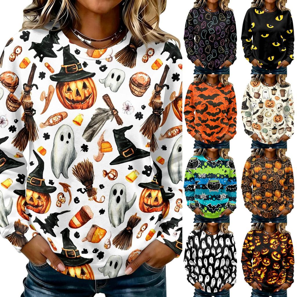 Women's Halloween Long Sleeve Sweatshirt with Pumpkin Print, Round Neck Pullover Top for Casual Daily Wear