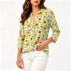 Women's Vintage Floral Print Henley Collar Button Front Three Quarter Sleeve Cotton Linen Shirt Casual Loose Fit Blouse