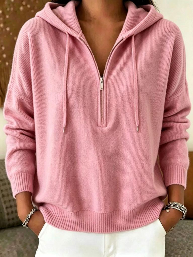 2026 Autumn/Winter European & American Women's Solid Color Zipper Hooded Knit Sweater