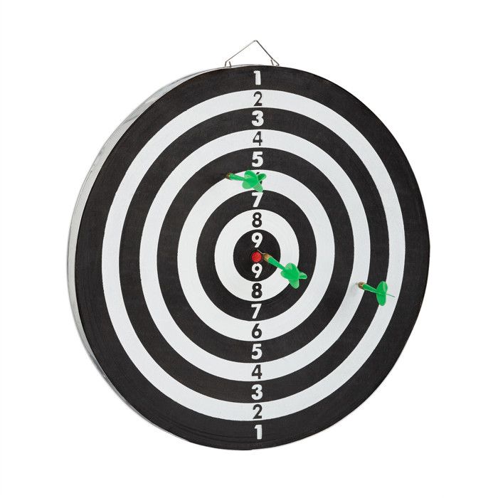 Relaxdays cibles de fléchettes x1 43 cm compétition jeu de fléchettes avec 6 fléchettes, noir-blanc