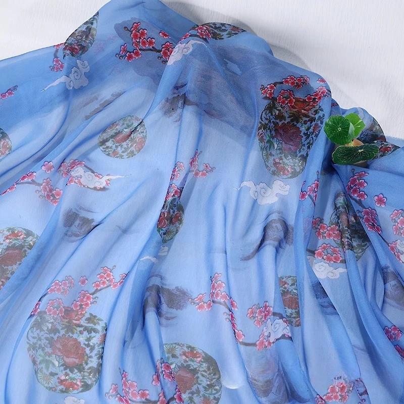Hedvábný šátek dekorativní 30D Tištěný šifon Inkoustová malba Čínský styl Látka Starobylý kostým Hanfu Sukně Gáza Gázová oděvní látka