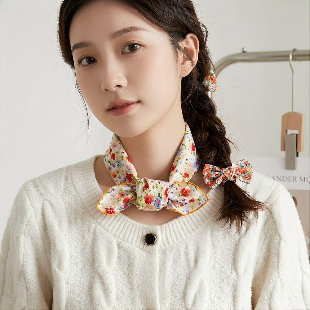 Retro Floral Print Silk Scarf Thin Square Handkerchief Simple Printed Scarves Female