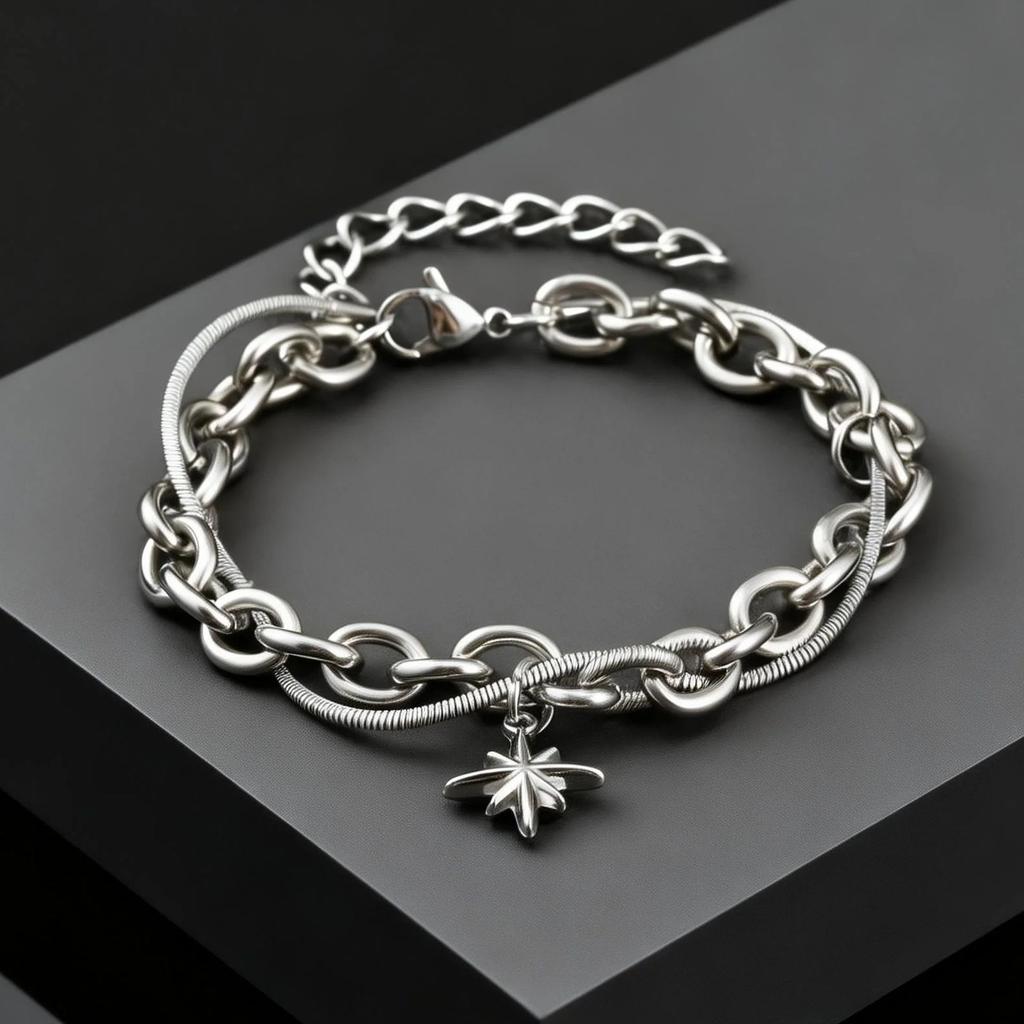 Retro Silver Color Stainless Steel Double-layer Bracelet for Men, Hip Hop Punk Style Star Charm Bracelets, Fashion Cool Jewelry