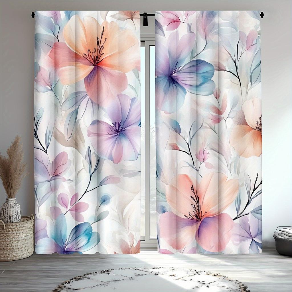 2pc Watercolor floral print curtains, polyester fabric, machine washable, suitable for bedroom and living room decoration