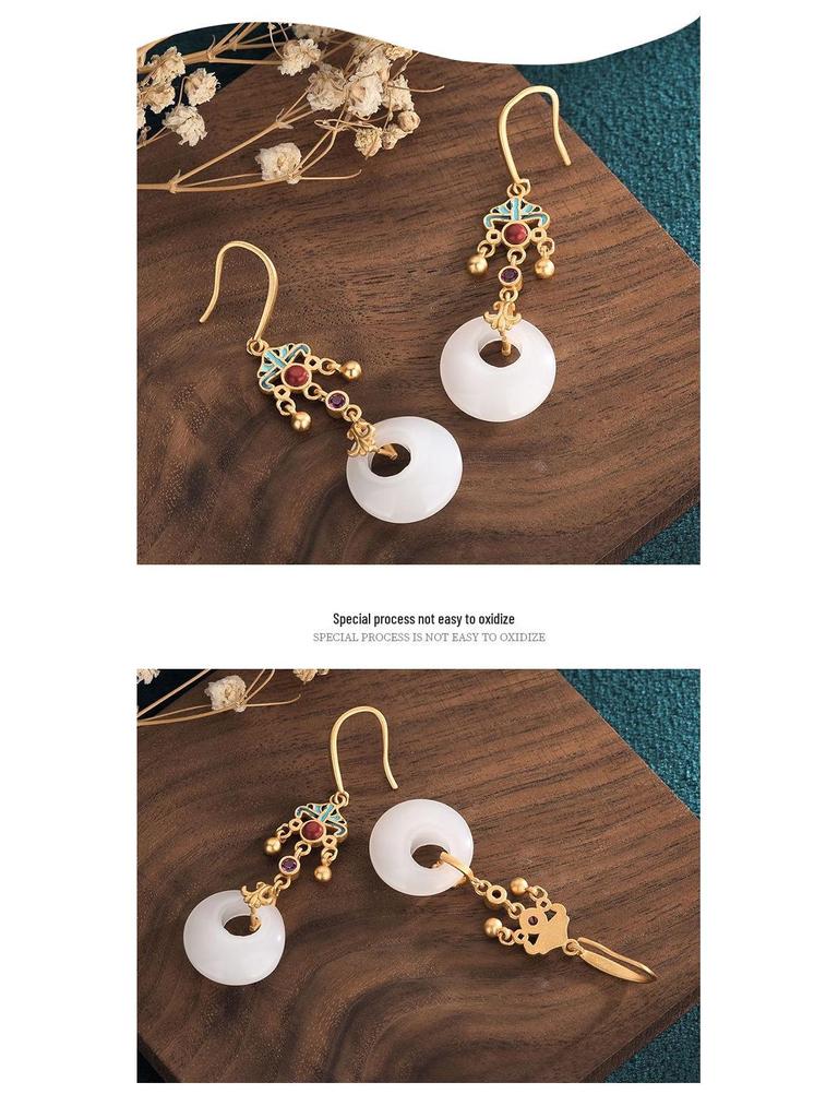 Guochao Palace-Style Retro Enamel Cloisonné Earrings with Jade Accents