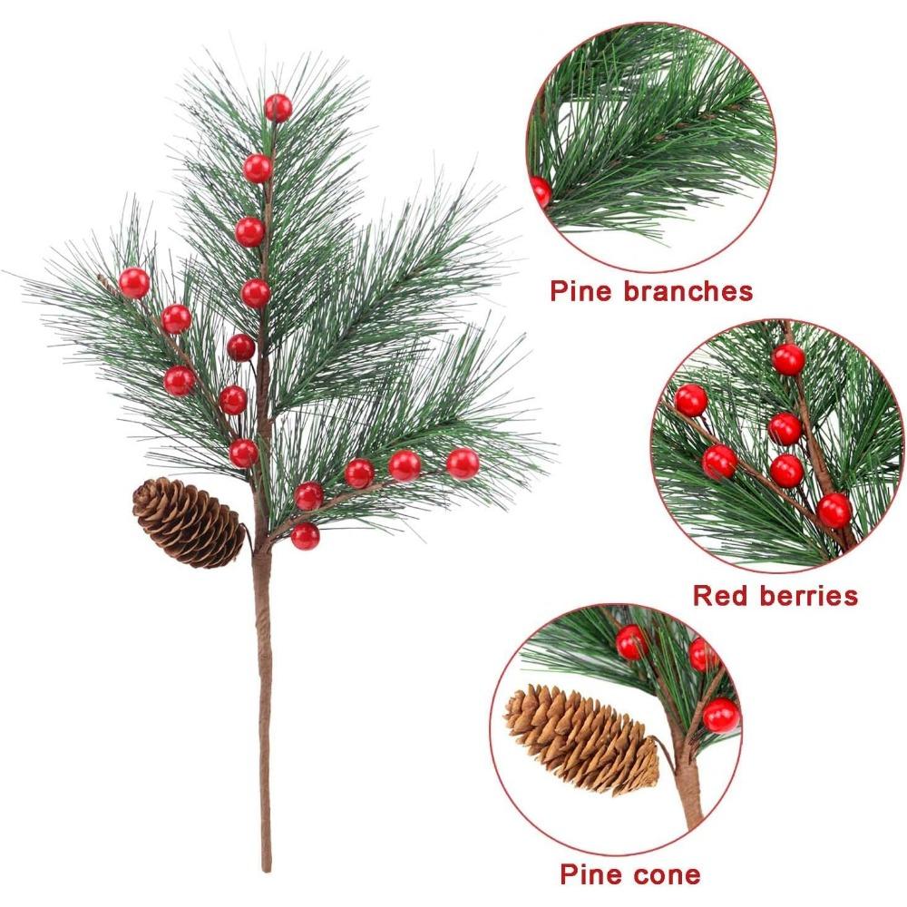 Christmas Berries Pine Picks Christmas Flowers Artificial Red Berry Pine Branches Long Faux Pine Stems with Pinecones for Xmas Tree Floral Arrangement