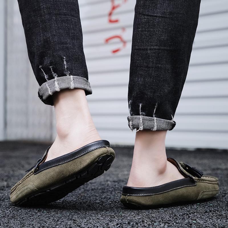 2025 Summer Plus Size Suede Leather Half Shoes For Men Loafers Slippers Mules Men Semi-Drag Casual Shoes Slip On Flat Sandals