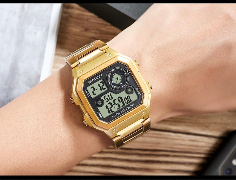 Sanda Men's Waterproof Multifunctional Digital Watch - Small Square, Steel Band