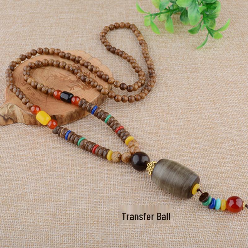 Retro Etniskt Hänge Halsband i Bomull och Lin med Träpärlor och Bodhi-berlock