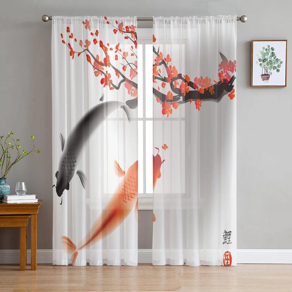 Koi Fish Painting Sheer Curtain for Bedroom Tulle Voile Curtain for Kitchen Living Room Decor Window Treatment
