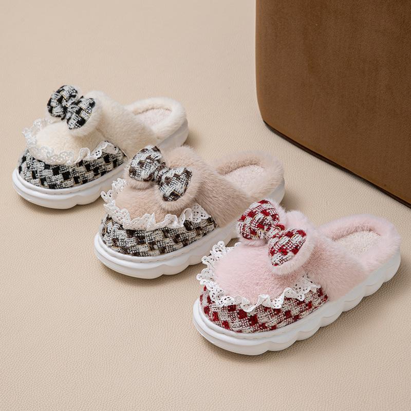 Cartoon bow wool slippers autumn and winter home living room bedroom warm fleece soft bottom lightweight cotton slippers