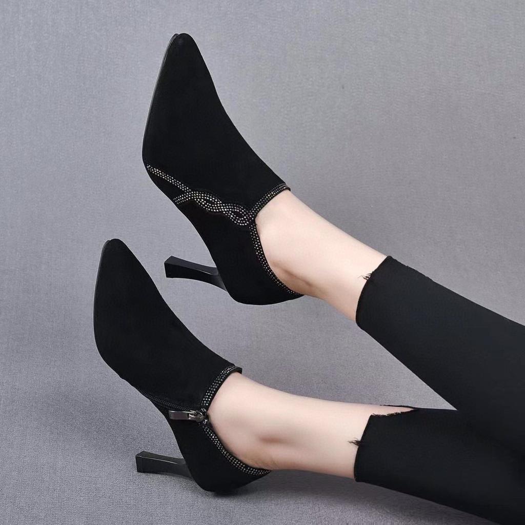 Pointed high heels spring new fashion sheepskin rhinestone single shoes stiletto zipper fashion shoes