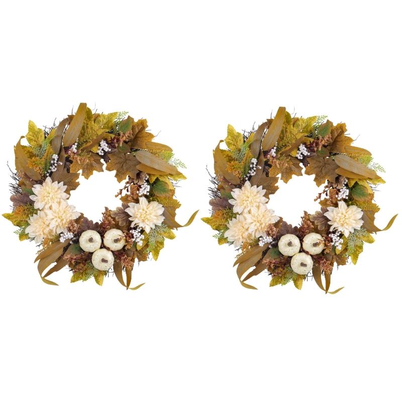 Artificial Wreath with Pumpkins , Autumn Wreath Harvest Day Wreath for Front Door Garden Thanksgiving Holiday Decoration