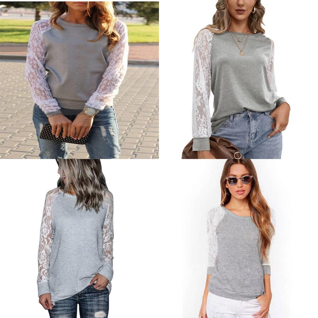 Korean Style Womens Lace Panel Long Sleeve Slim Fit Blend Round Neck Casual Top